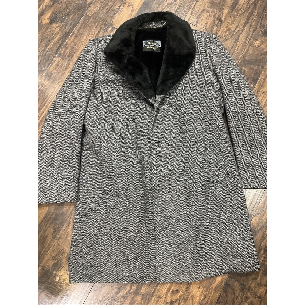 Vintage Botany Weather Topper Coat / Overcoat 40 Long Herringbone Faux Fur Lined - Picture 13 of 13